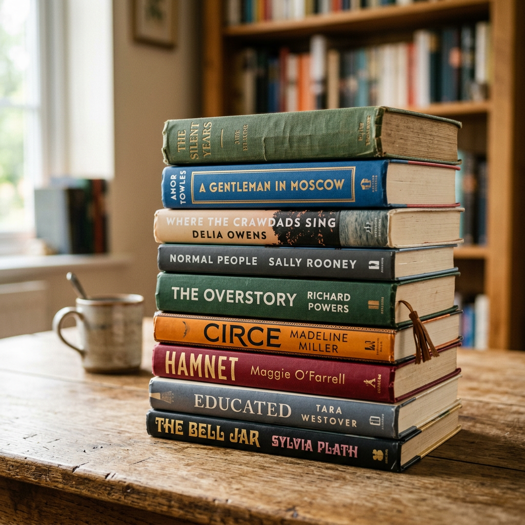 Stack of books including The Silent Years, A Gentleman in Moscow, Where the Crawdads Sing, Normal People, The Overstory, Circe, Hamnet, Educated, and The Bell Jar