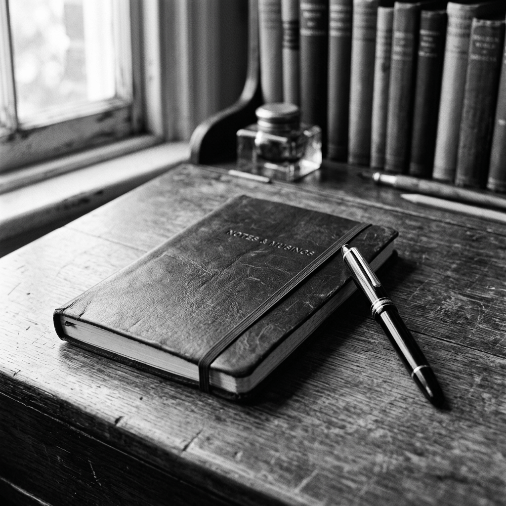Leather notebook with 'Notes & Musings' text and pen on wooden desk near window and books