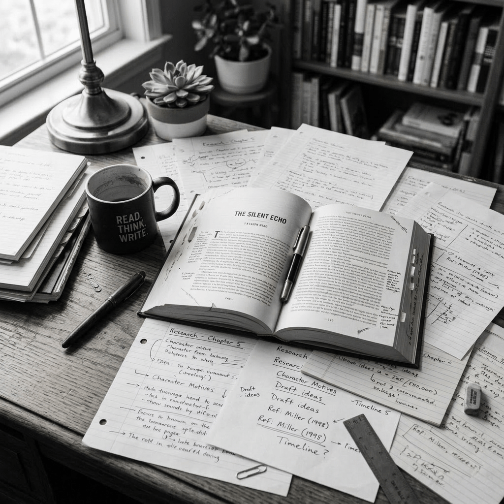 Open book titled The Silent Echo surrounded by handwritten study notes, a mug, pen, and a succulent on a wooden desk