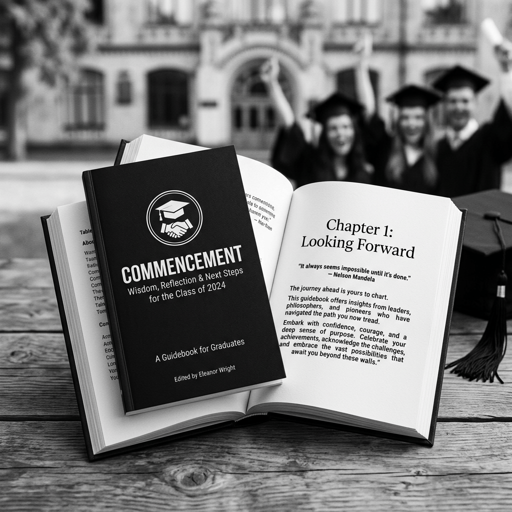 Graduation guidebook titled 'Commencement' with a motivational chapter open and graduates in caps and gowns celebrating in background